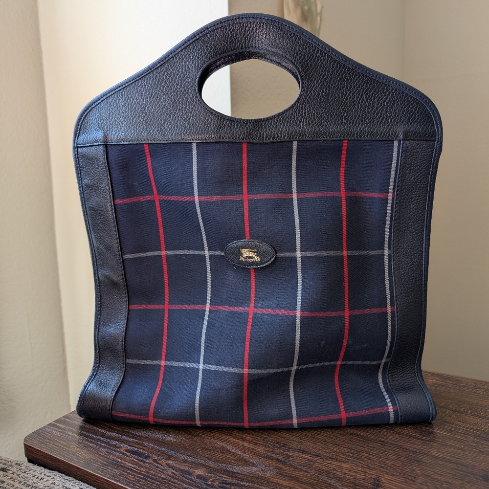 Vintage Burberry's Navy Blue Plaid Fabric Blue Leather Top Handle Bag Purse